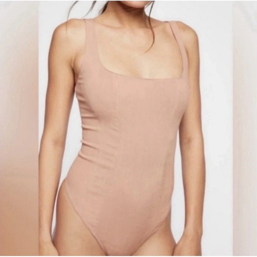Free People Shes A Catch Bodysuit Top Sz S Nude Square Neck Sheer Back Stretch